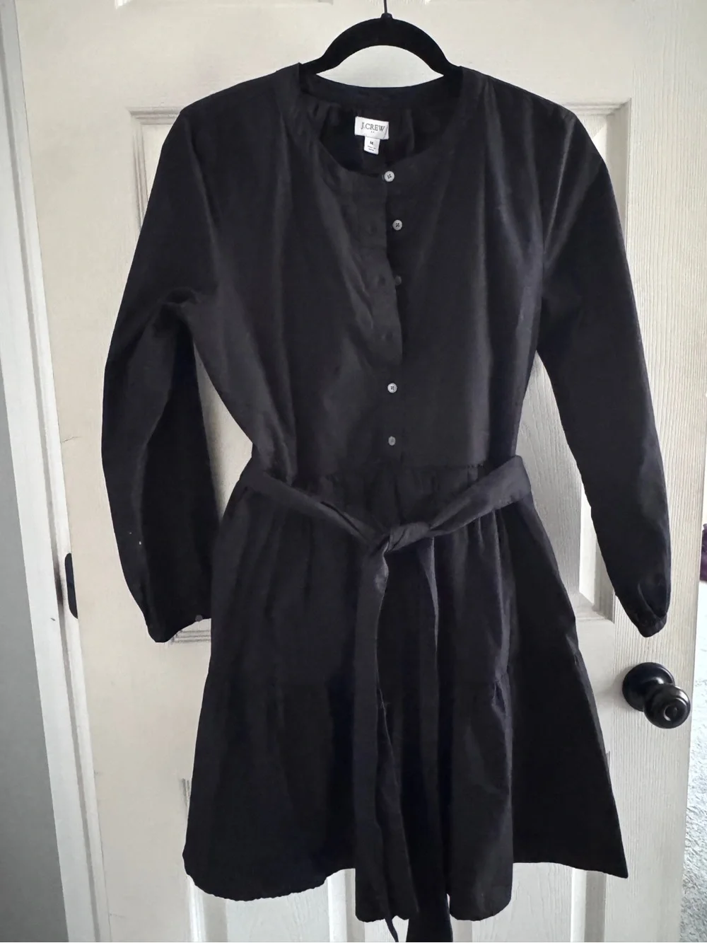 J. Crew Black Long-Sleeve Button-Front Belted Dress